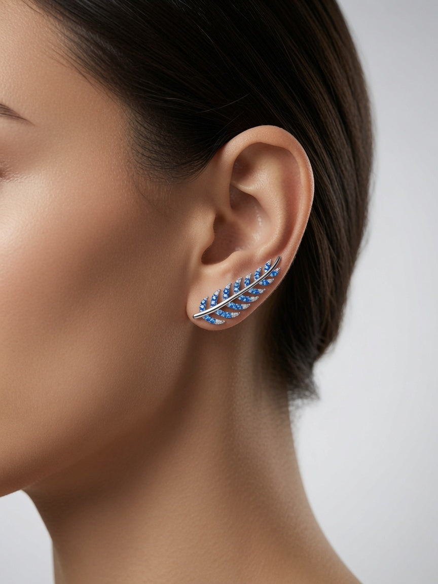 S925 Sterling Silver Feather Ear Climber Earrings with Blue CZ