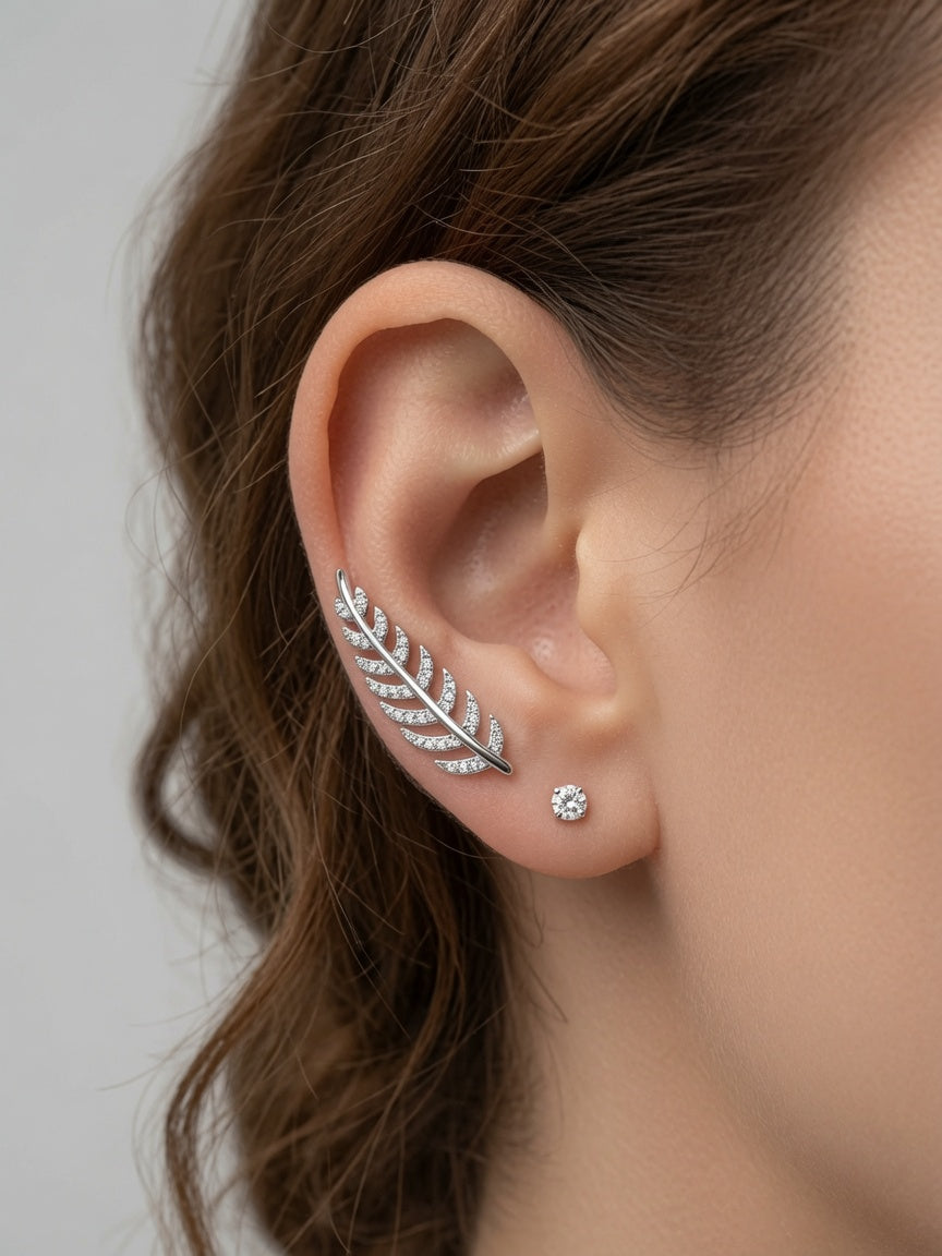 S925 Sterling Silver Feather Ear Climber Earrings with Blue CZ
