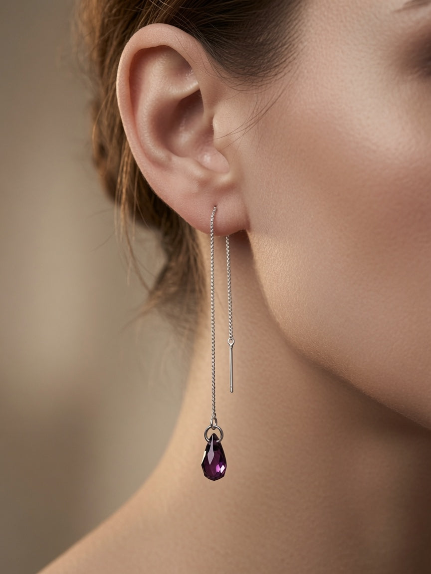 S925 Sterling Silver Crystal Threader Earrings - Purple, Aqua, Black