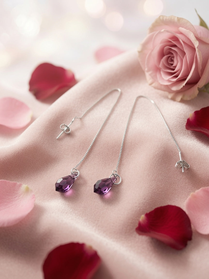 S925 Sterling Silver Crystal Threader Earrings - Purple, Aqua, Black
