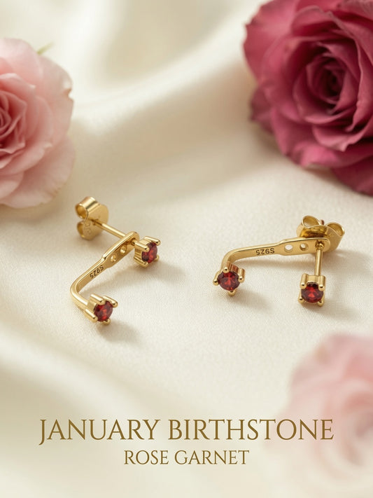 S925 Gold Plated Garnet Ear Jacket Earrings – January Birthstone