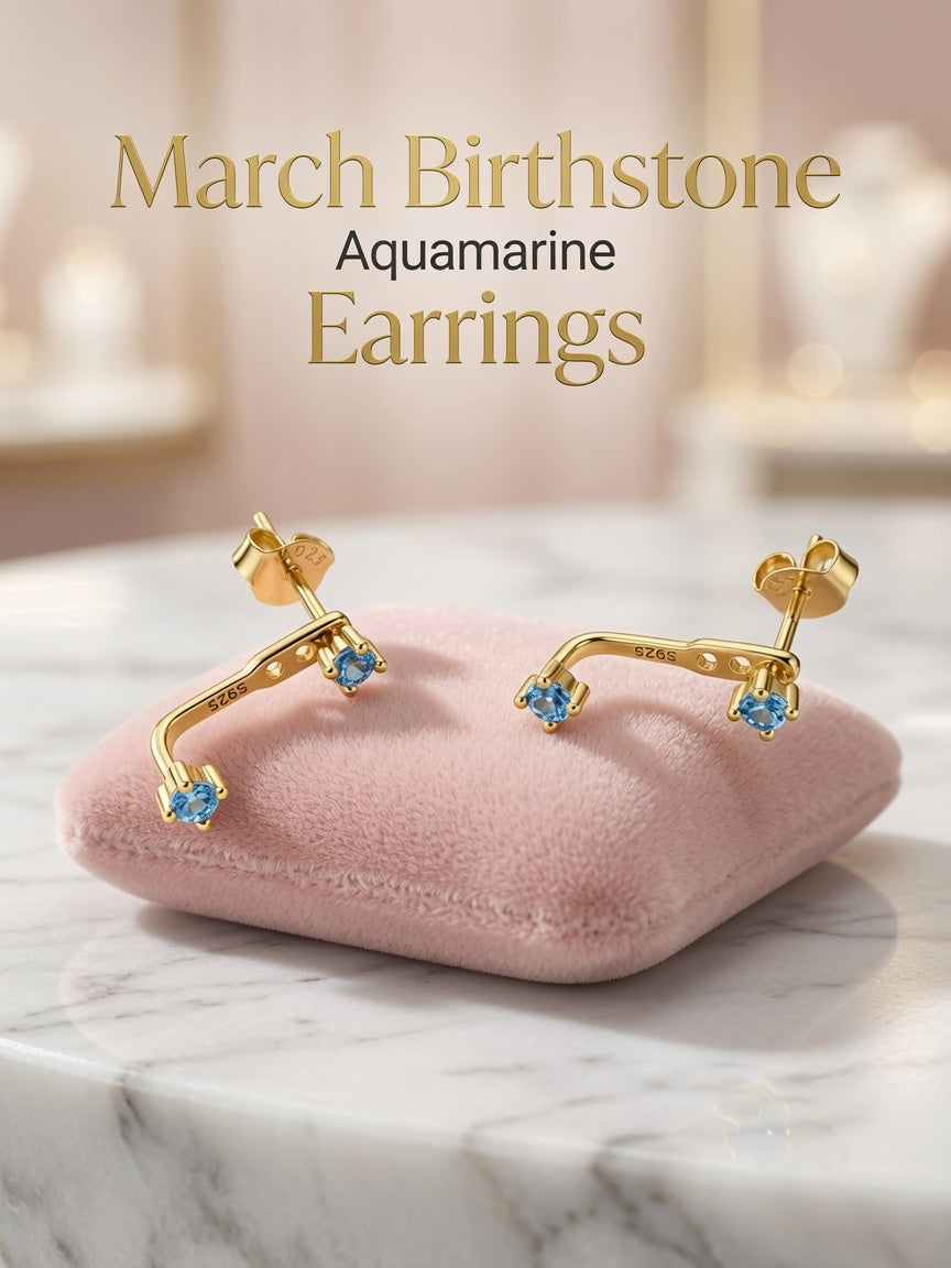 S925 Gold Plated Aquamarine Ear Jacket Earrings – March Birthstone