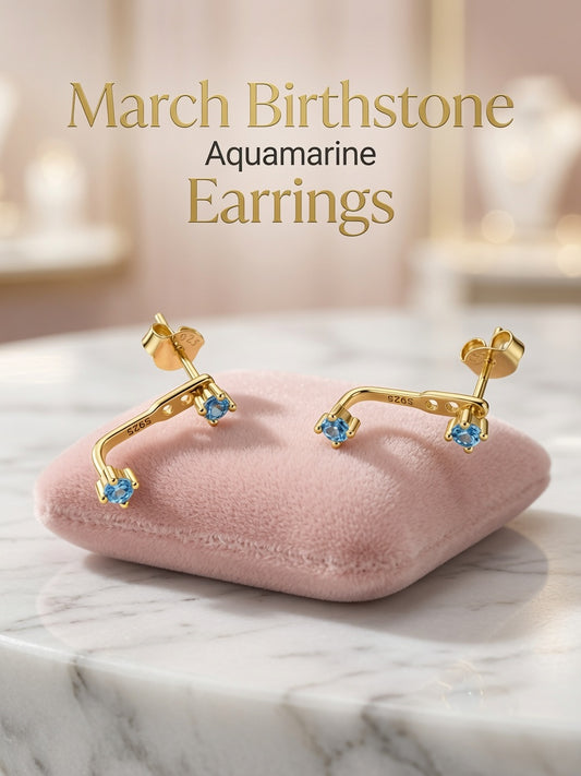 S925 Gold Plated Aquamarine Ear Jacket Earrings – March Birthstone