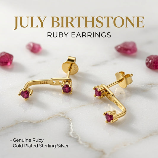S925 Gold Plated Ruby Ear Jacket Earrings – July Birthstone