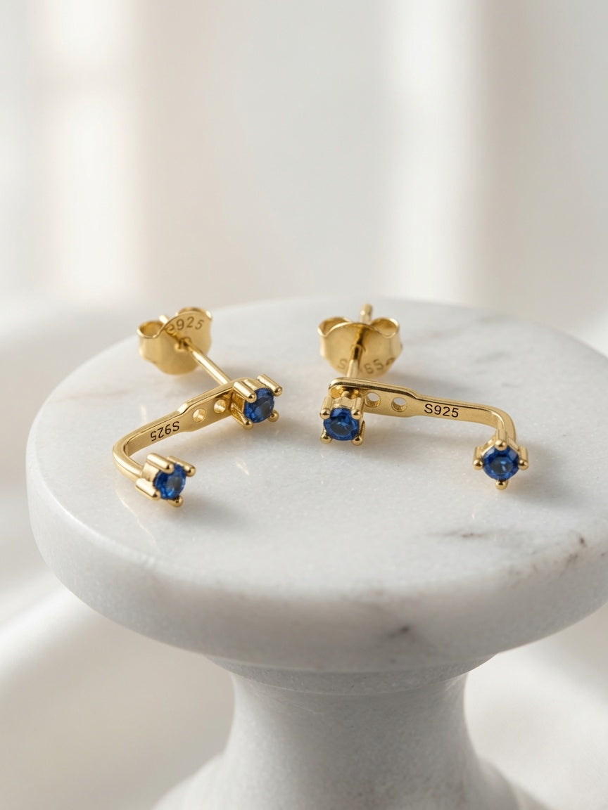 S925 Gold Plated Blue Topaz Ear Jacket Earrings – December Birthstone
