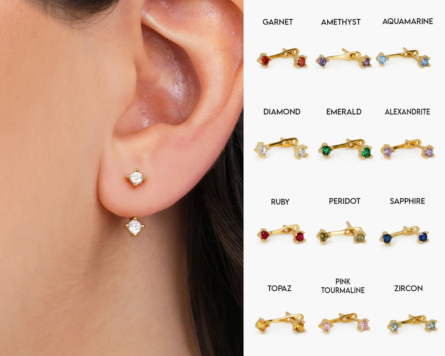 S925 Front Back Ear Jacket Birthstone Earrings