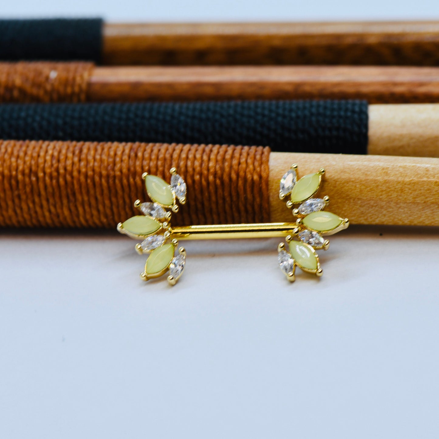316L Surgical Steel 14G Floral Nipple Bars With Yellow Crystals & CZ