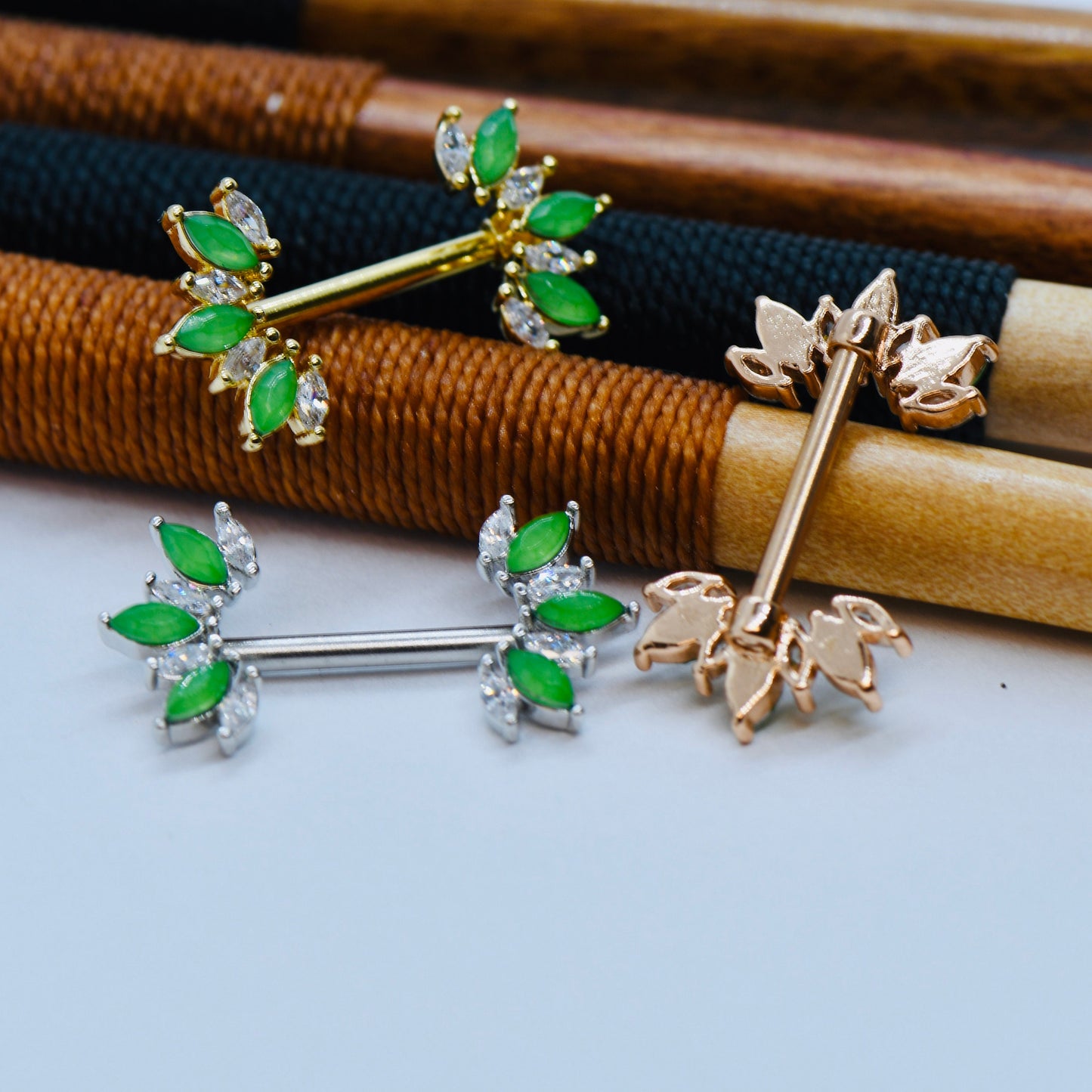 316L Surgical Steel 14G Floral Nipple Bars With Green Crystals & CZ