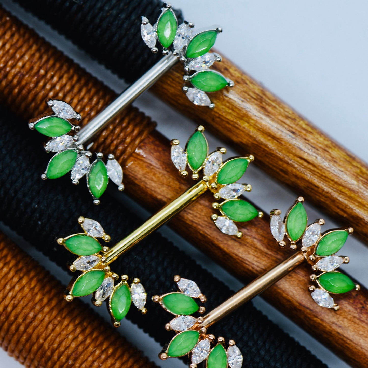 316L Surgical Steel 14G Floral Nipple Bars With Green Crystals & CZ