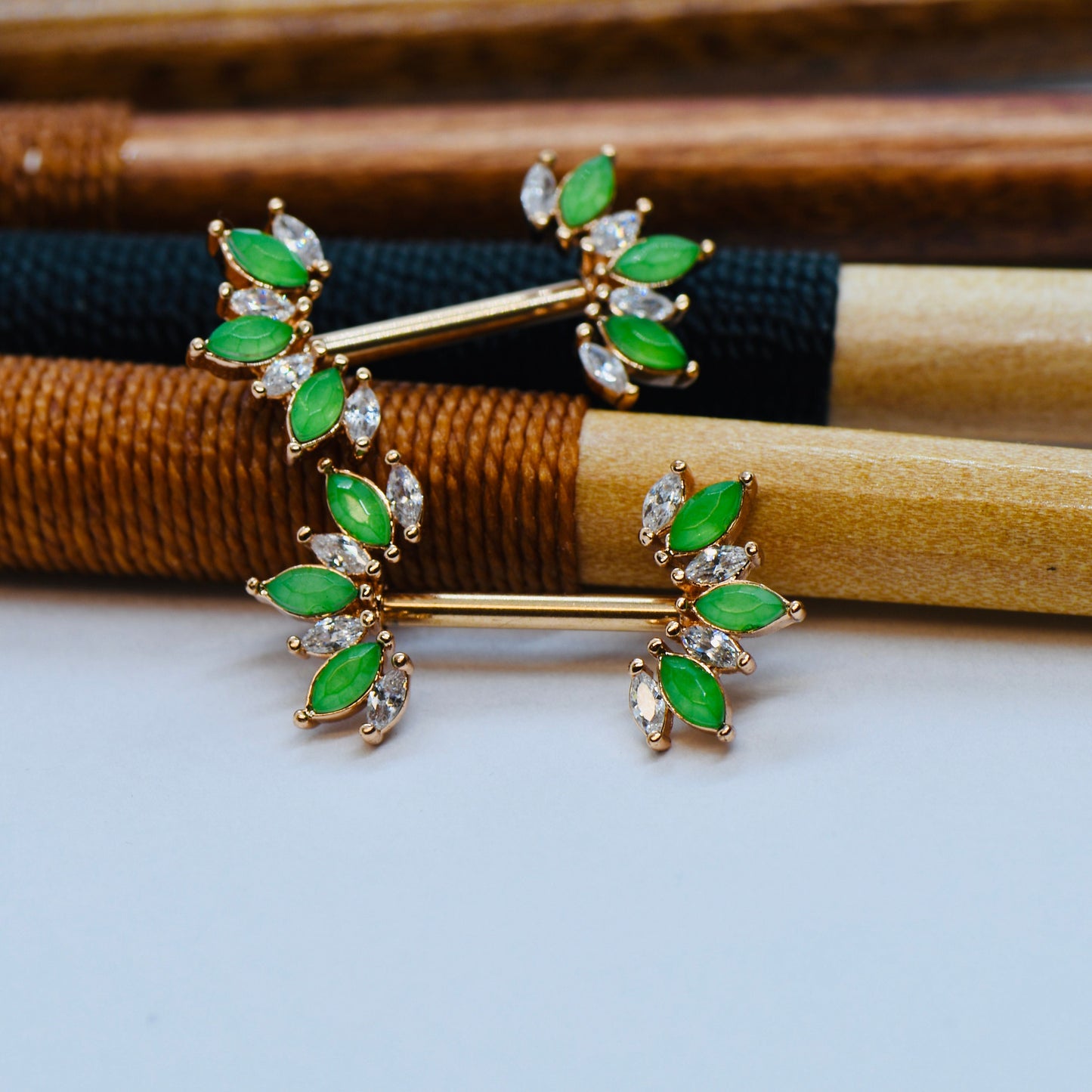 316L Surgical Steel 14G Floral Nipple Bars With Green Crystals & CZ