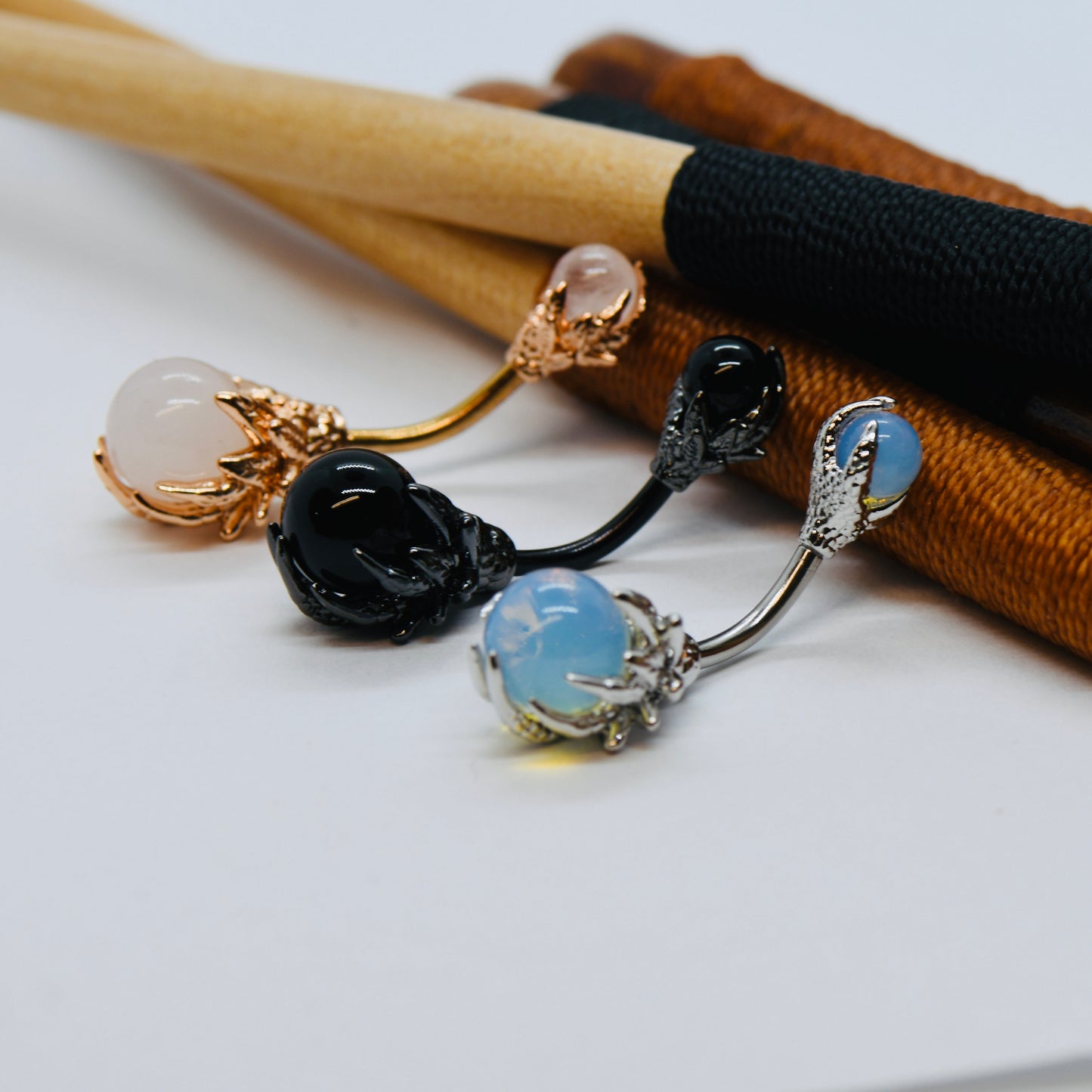 14G Claw Hands With Synthetic Moonstone Belly Bars 316L Surgical Steel Belly Ring Three Colours Set of Three