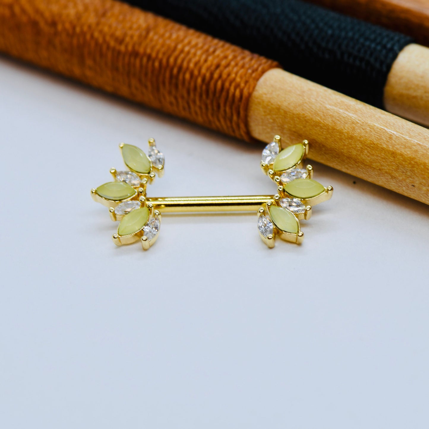 316L Surgical Steel 14G Floral Nipple Bars With Yellow Crystals & CZ