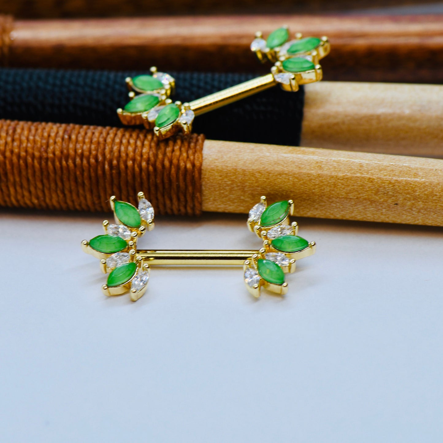 316L Surgical Steel 14G Floral Nipple Bars With Green Crystals & CZ