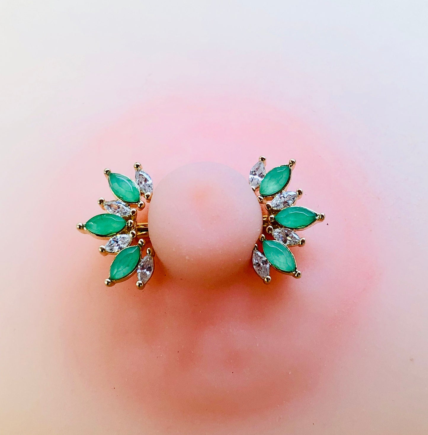 316L Surgical Steel 14G Floral Nipple Bars With Green Crystals & CZ