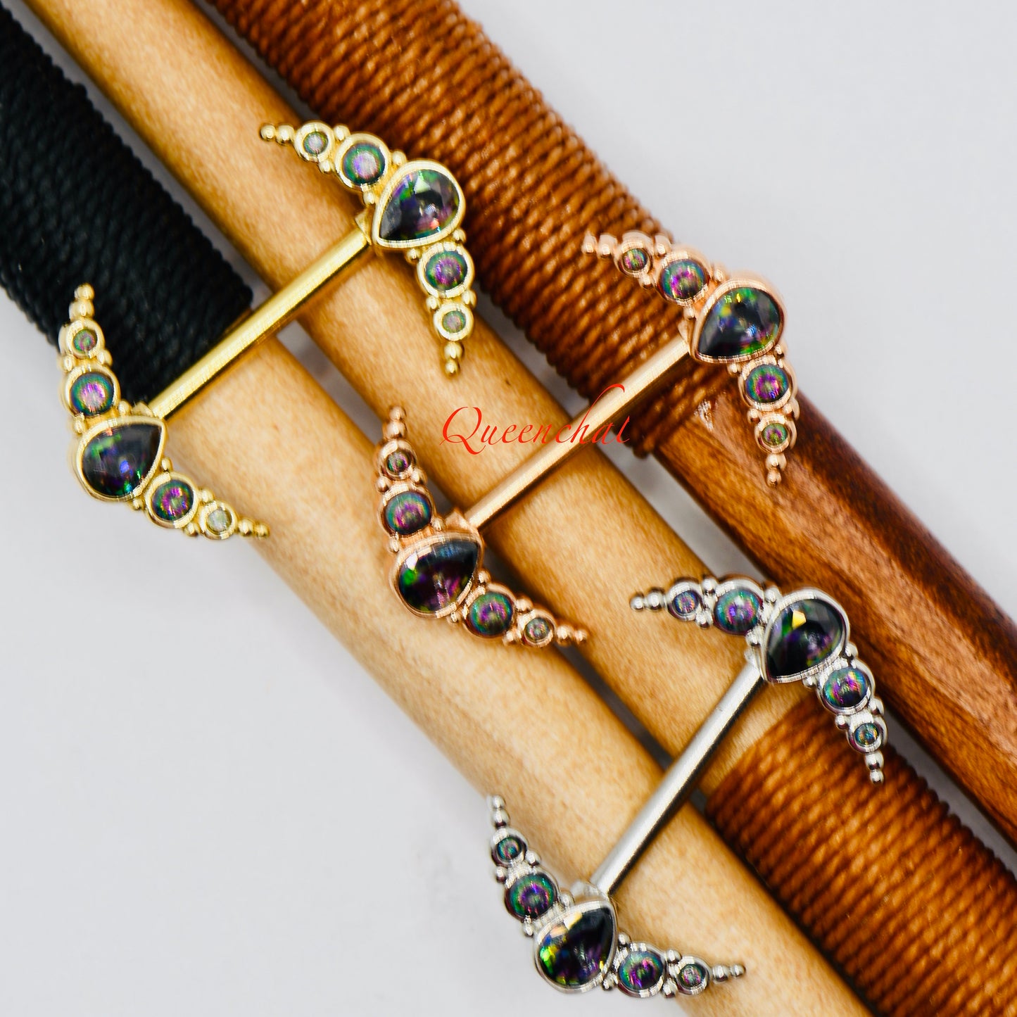 316L Surgical Steel 14G Curve Nipple Bars With AB Rainbow CZ