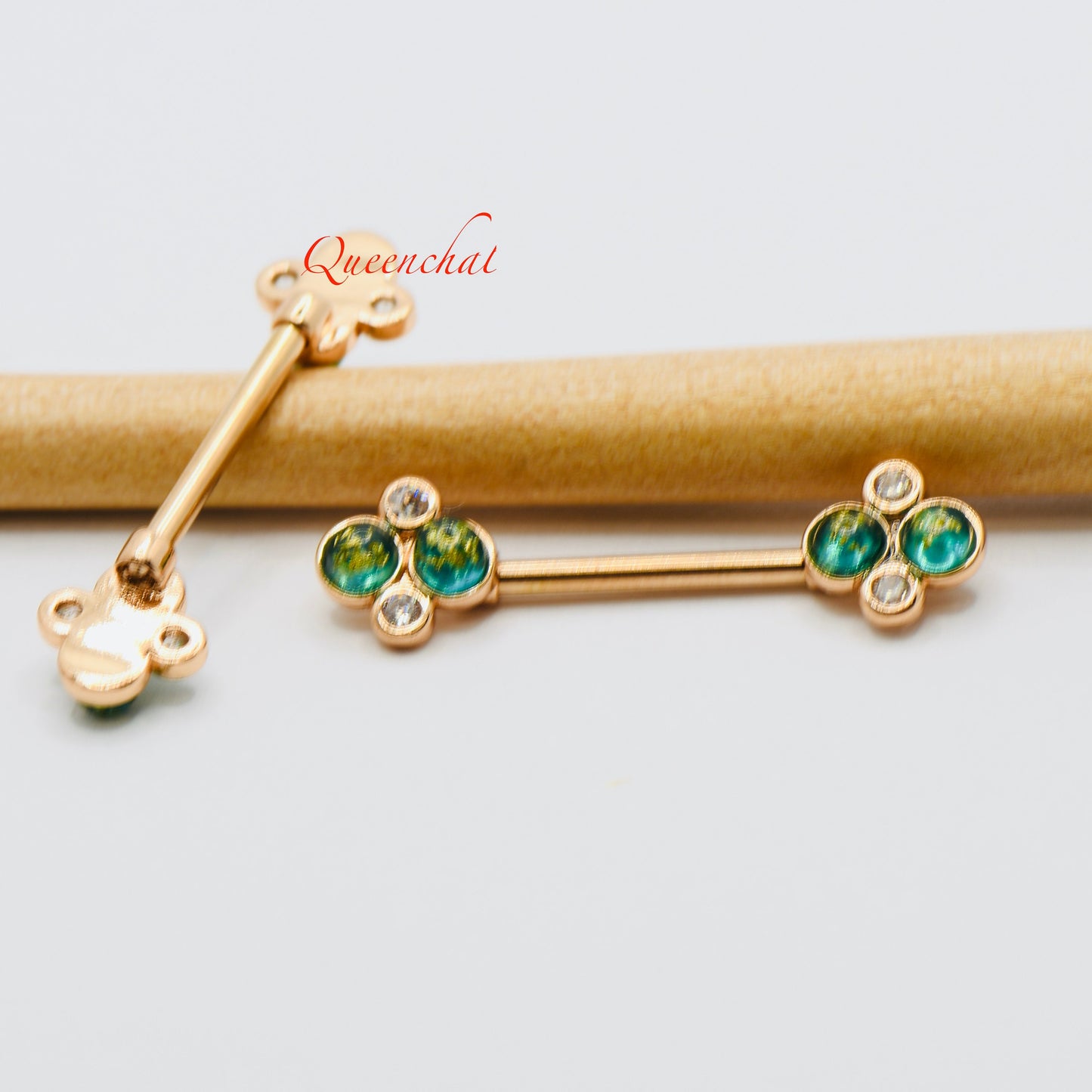 316L Surgical Steel 14G Nipple Bars With Green Crystals & CZ