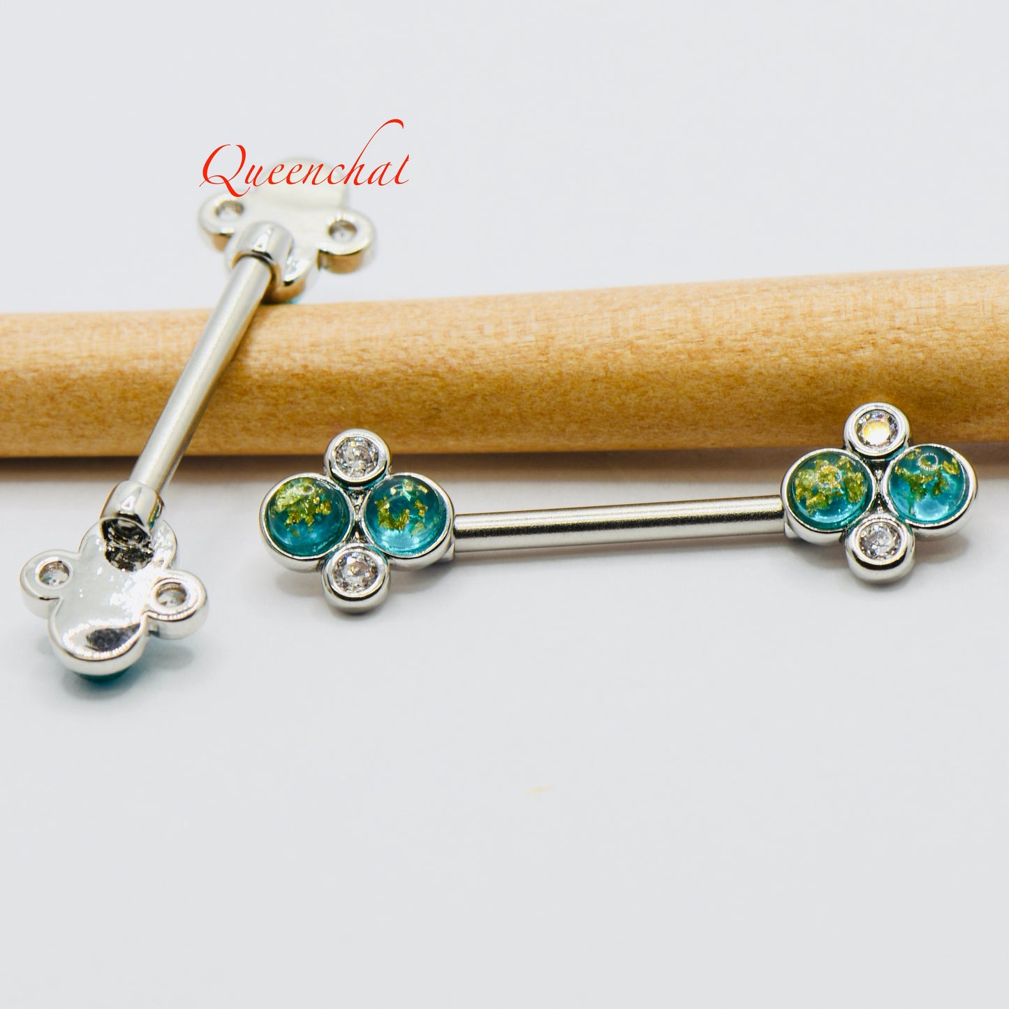 316L Surgical Steel 14G Nipple Bars With Green Crystals & CZ