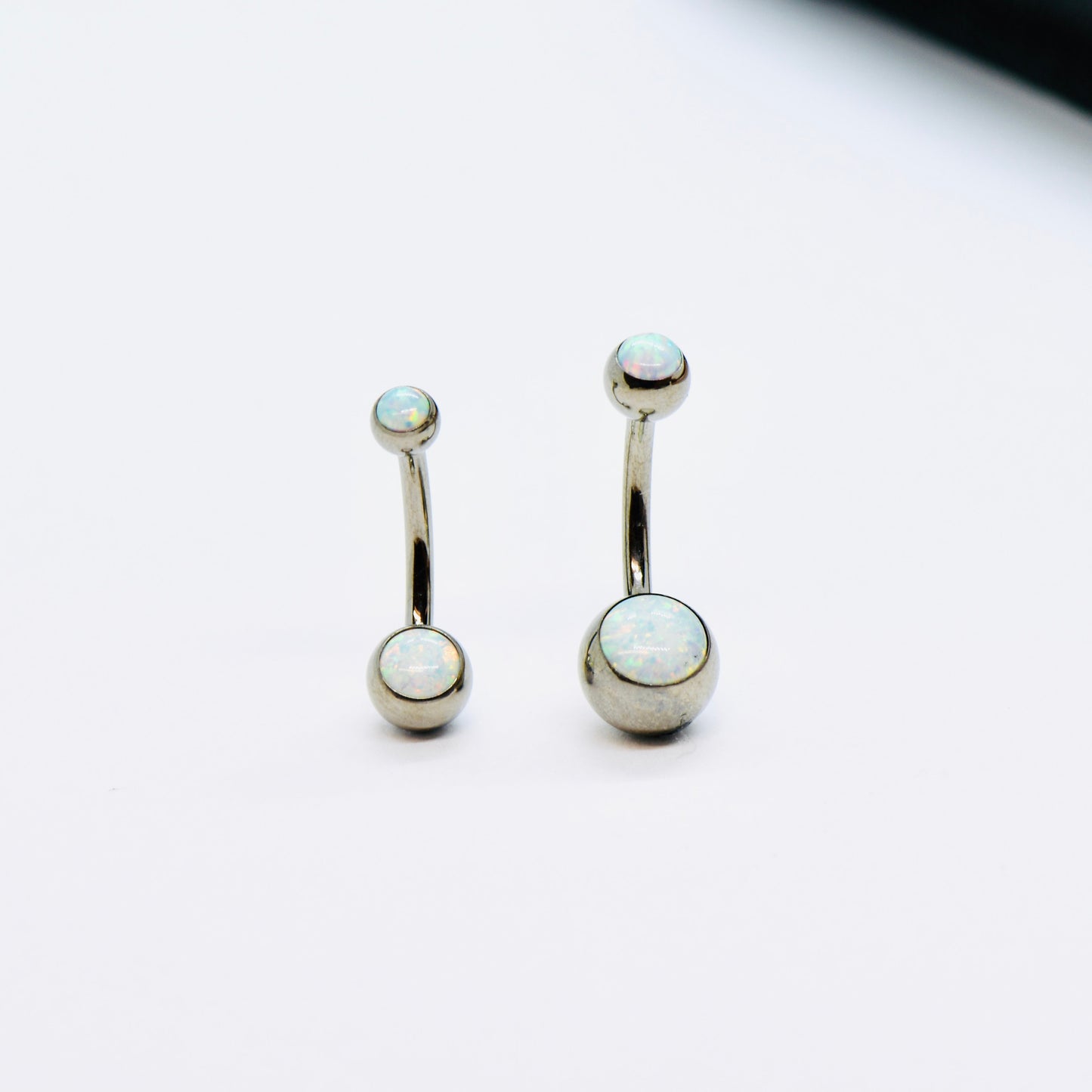 G23 Titanium 14G Internally Threaded White Opal Double Jewelled Belly Bar Navel Ring