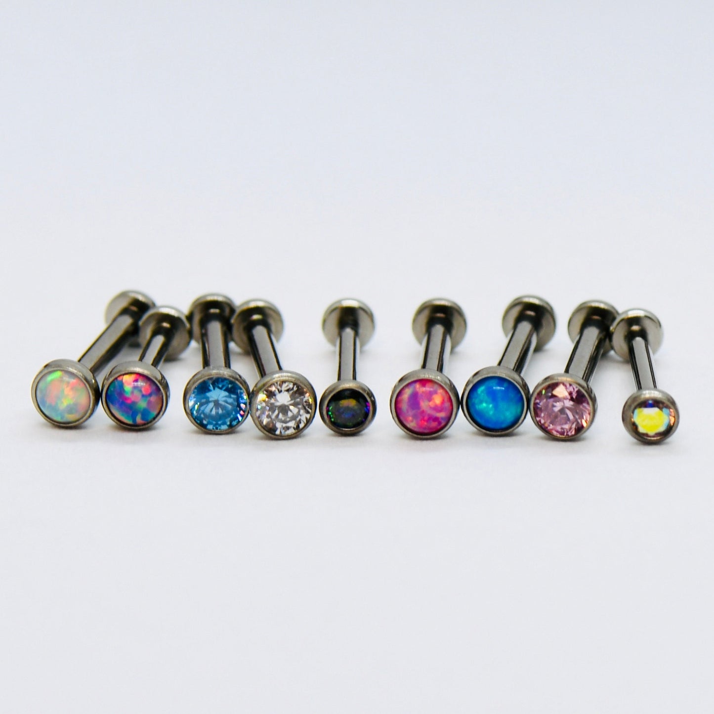 F136 Titanium Push Pin Labret With Multi Colour CZ & Opal 16g, 18g, 20g
