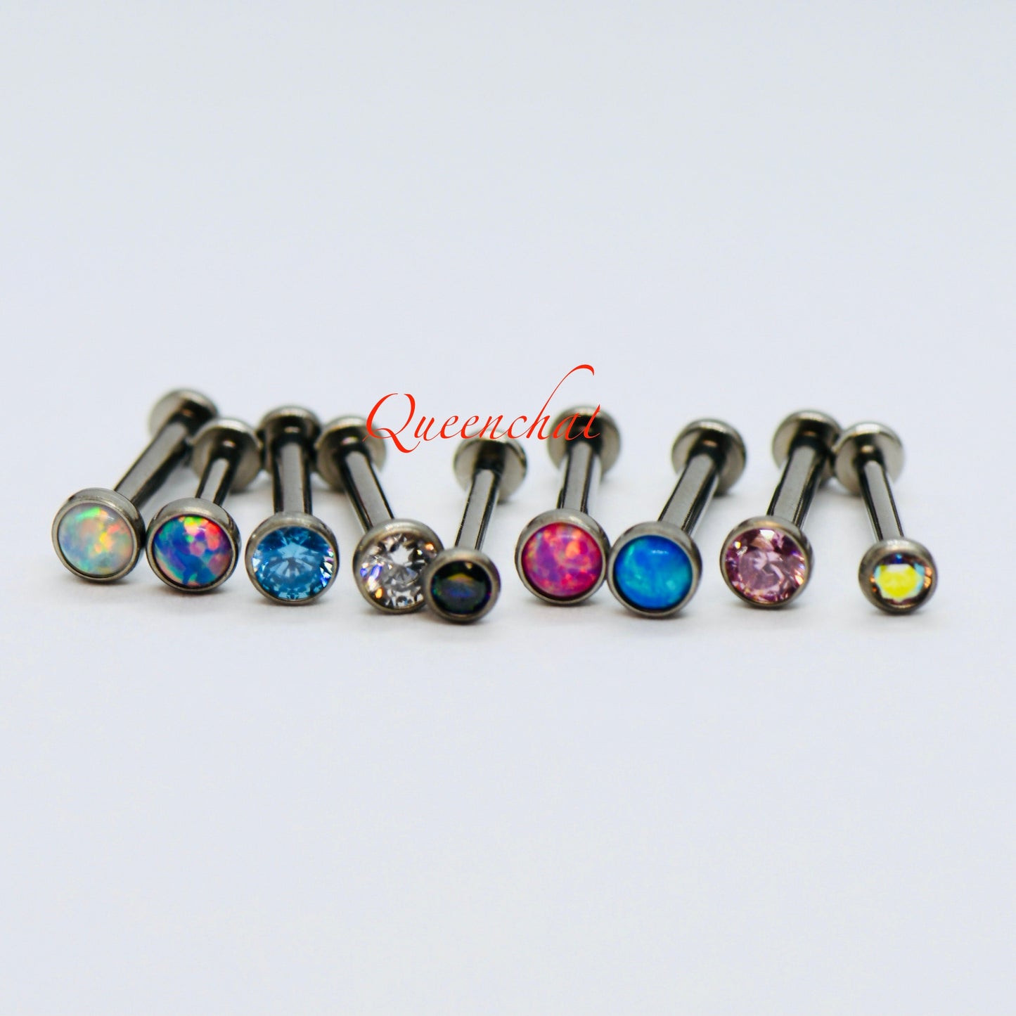 F136 Titanium Push Pin Labret With Multi Colour CZ & Opal 16g, 18g, 20g