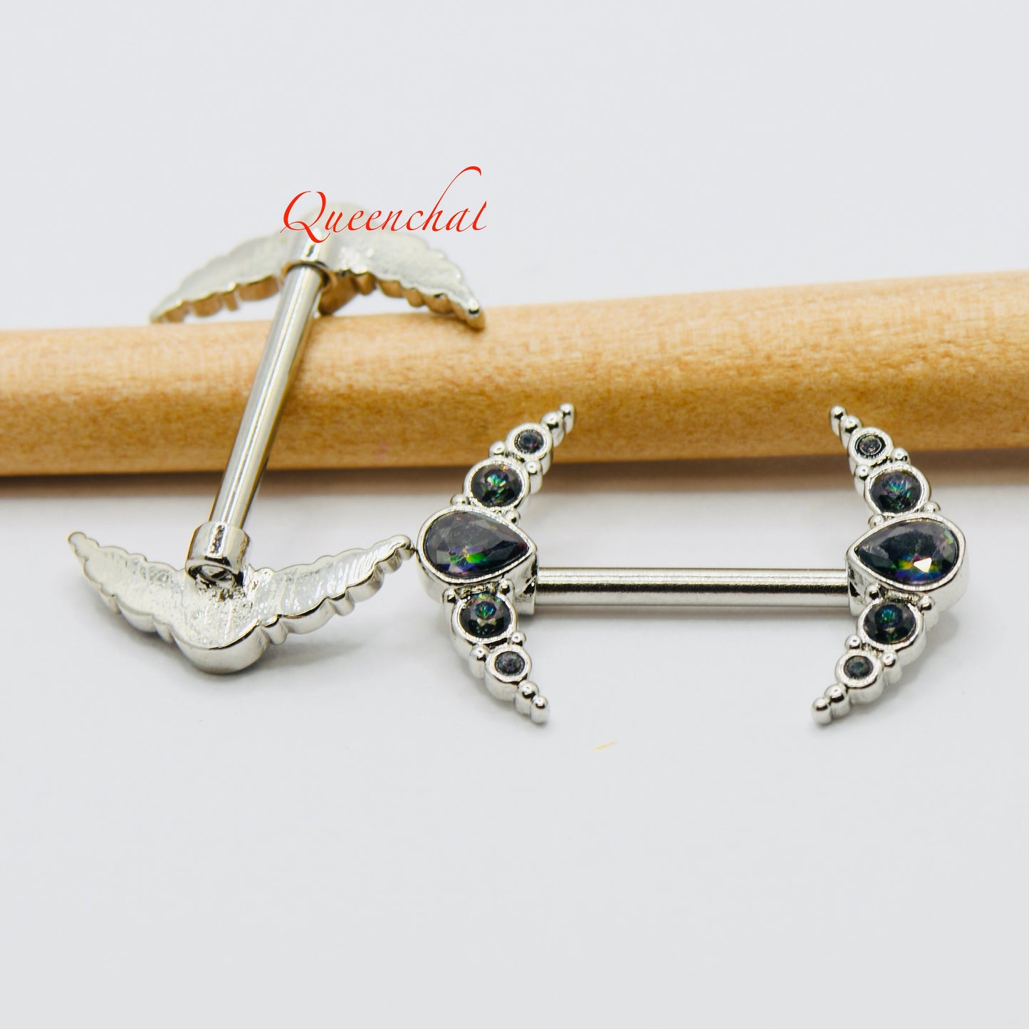 316L Surgical Steel 14G Curve Nipple Bars With AB Rainbow CZ