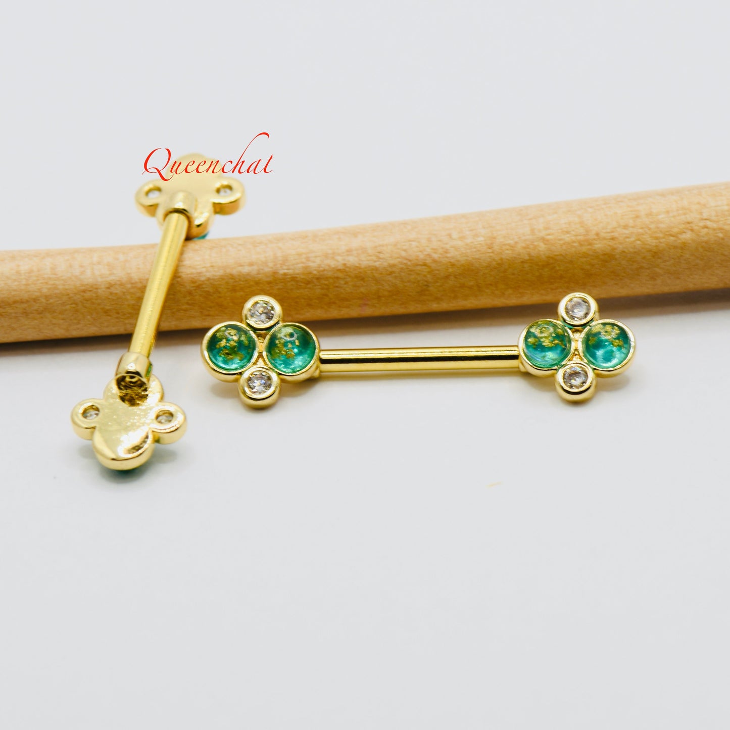 316L Surgical Steel 14G Nipple Bars With Green Crystals & CZ
