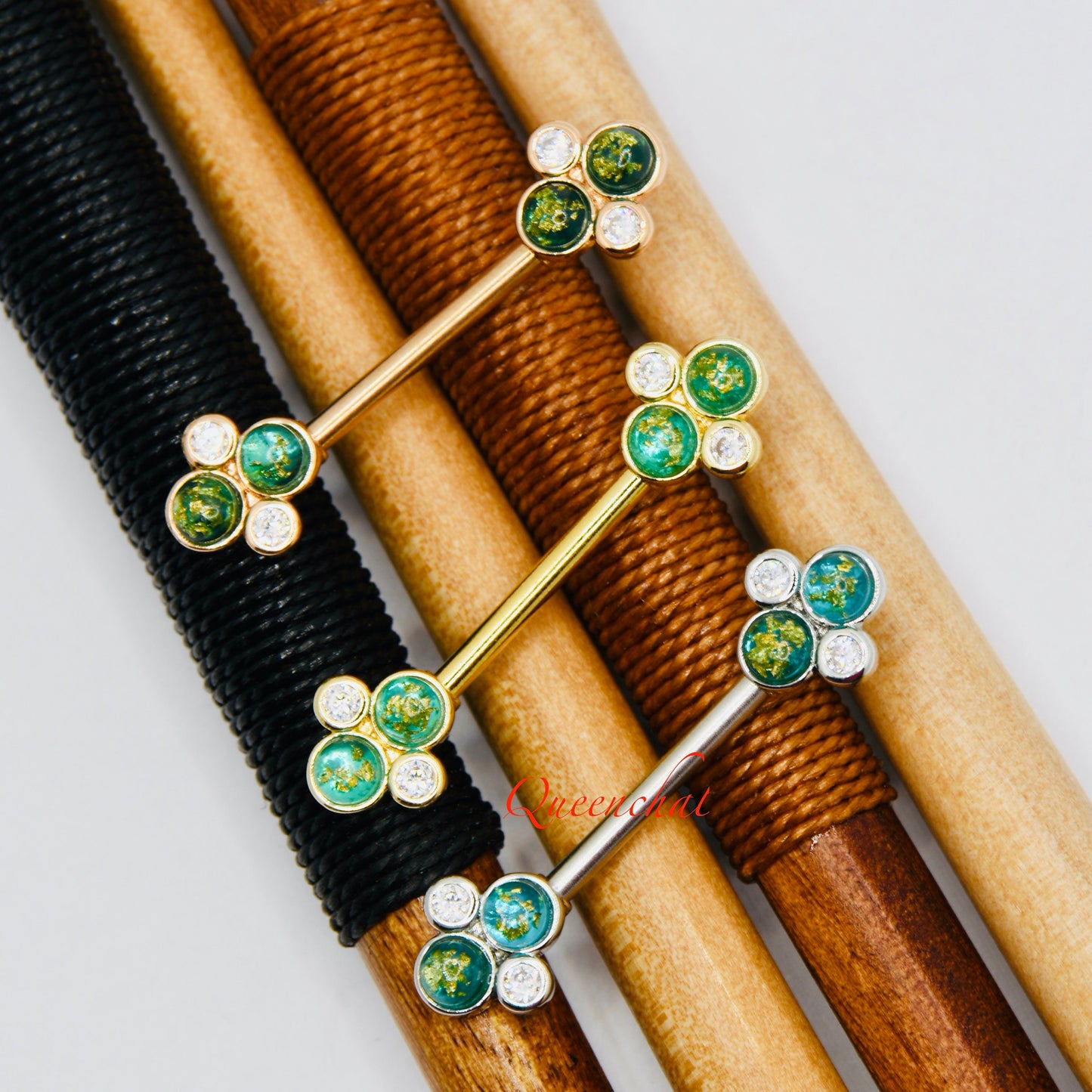 316L Surgical Steel 14G Nipple Bars With Green Crystals & CZ