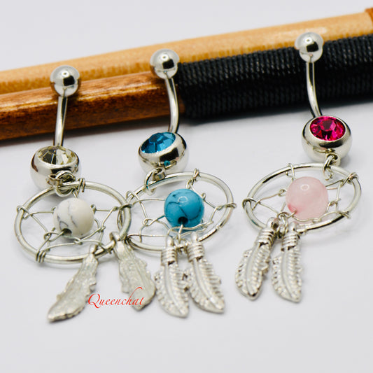 3 Bars of 14G 316L Surgical Steel Dream Catcher Dangling Belly Bar Navel Rings