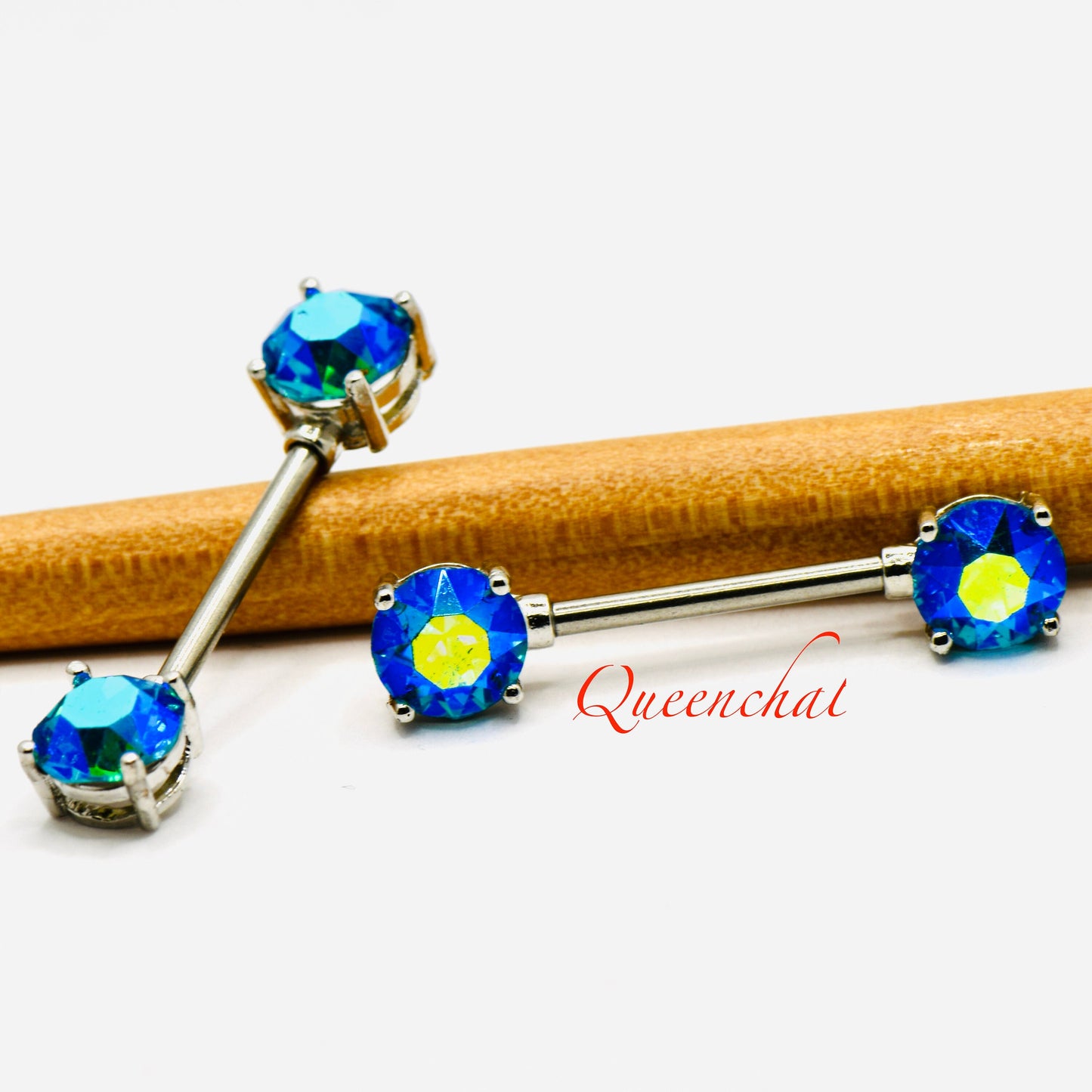 316L Surgical Steel 14G Crystal Nipple Bars Double Gem Nipple Ring