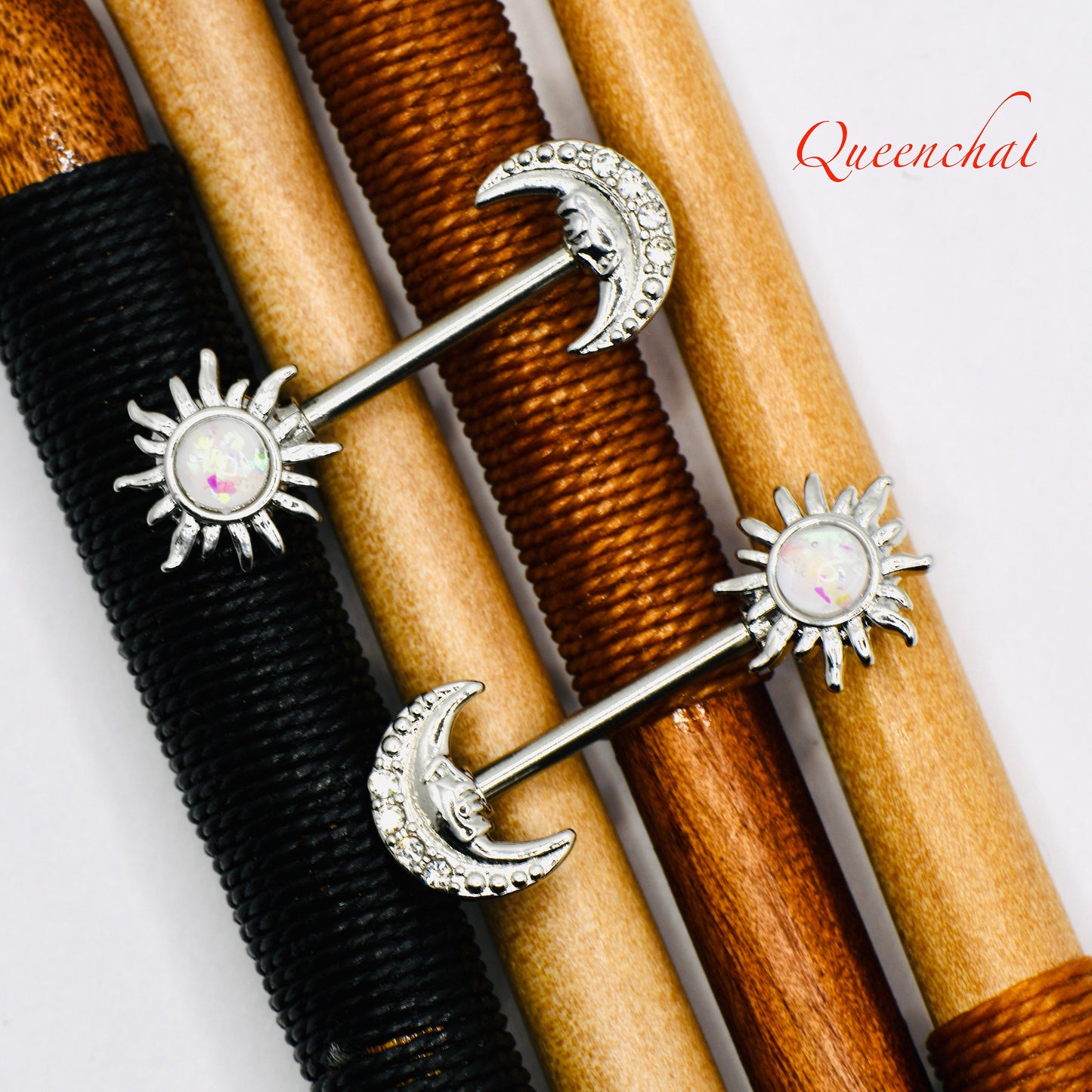 14G 316L Surgical Steel White Opal Sun & Moon Nipple Bar Nipple Piercing Body Jewellery