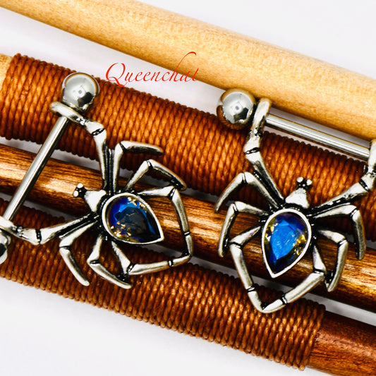 316L Surgical Steel 14G Spider Nipple Bars With Blue CZ Spider Nipple Rings