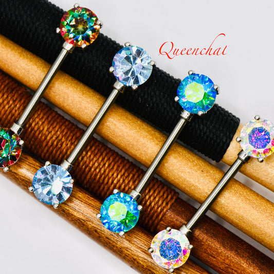 316L Surgical Steel 14G Crystal Nipple Bars Double Gem Nipple Ring