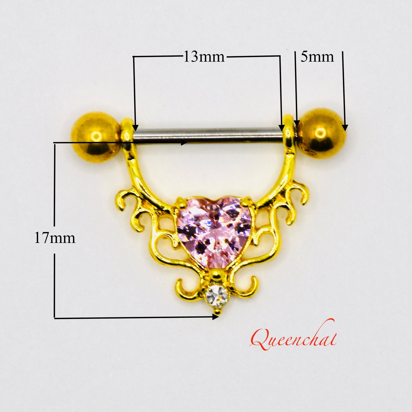 316L Surgical Steel 14G Pink CZ Heart Nipple Bars Gold Nipple Rings