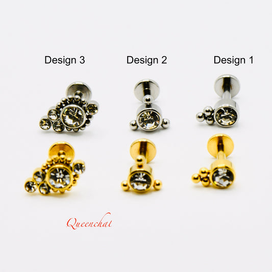 16g 316L Surgical Steel Internally Threaded Beaded Labret CZ Labret Stud Ear Piercing, Nose, Lip, Helix, Tragus, Conch Stud Earring 6mm Bar