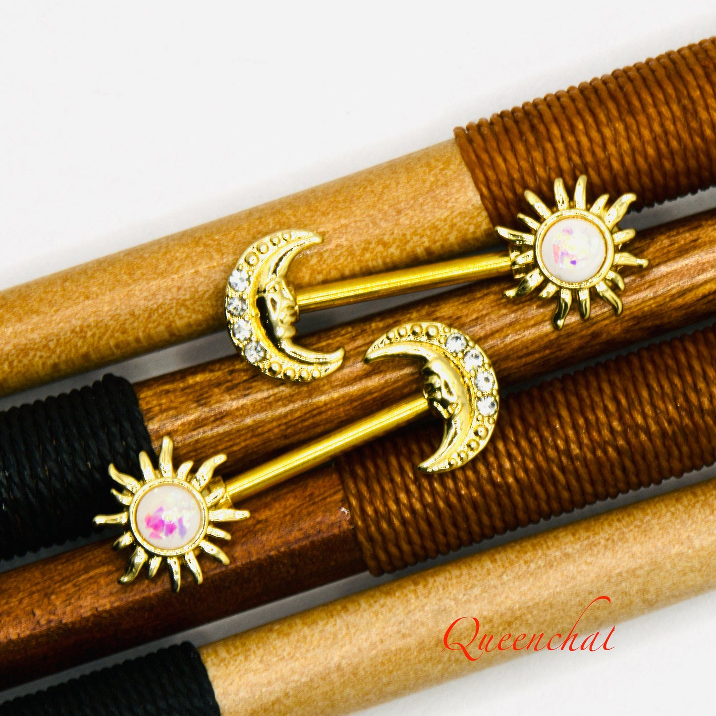 14G 316L Surgical Steel White Opal Sun & Moon Nipple Bar Nipple Piercing Body Jewellery