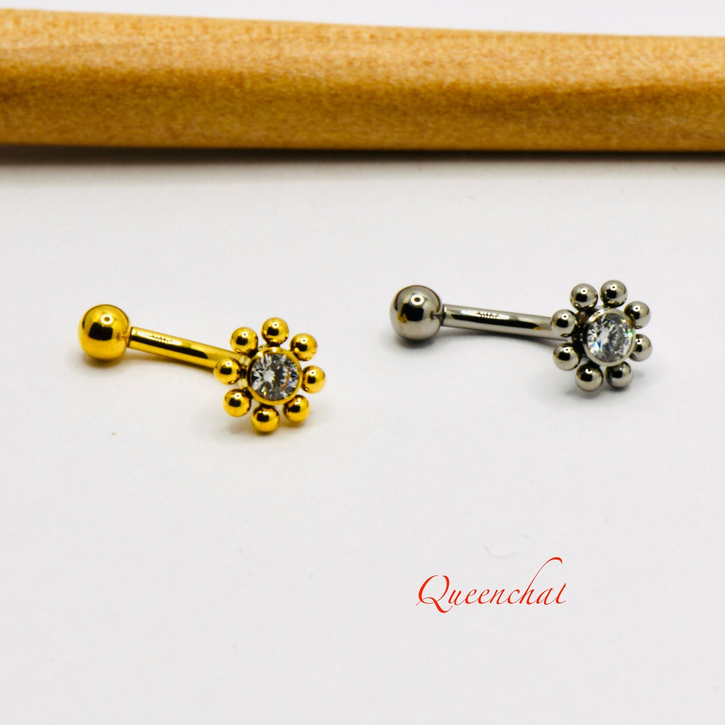 F136 Titanium 16G Crystal Flower Curve Barbell Rook Piercing, Eyebrow Piercing Stud Internally Threaded 8mm Bar