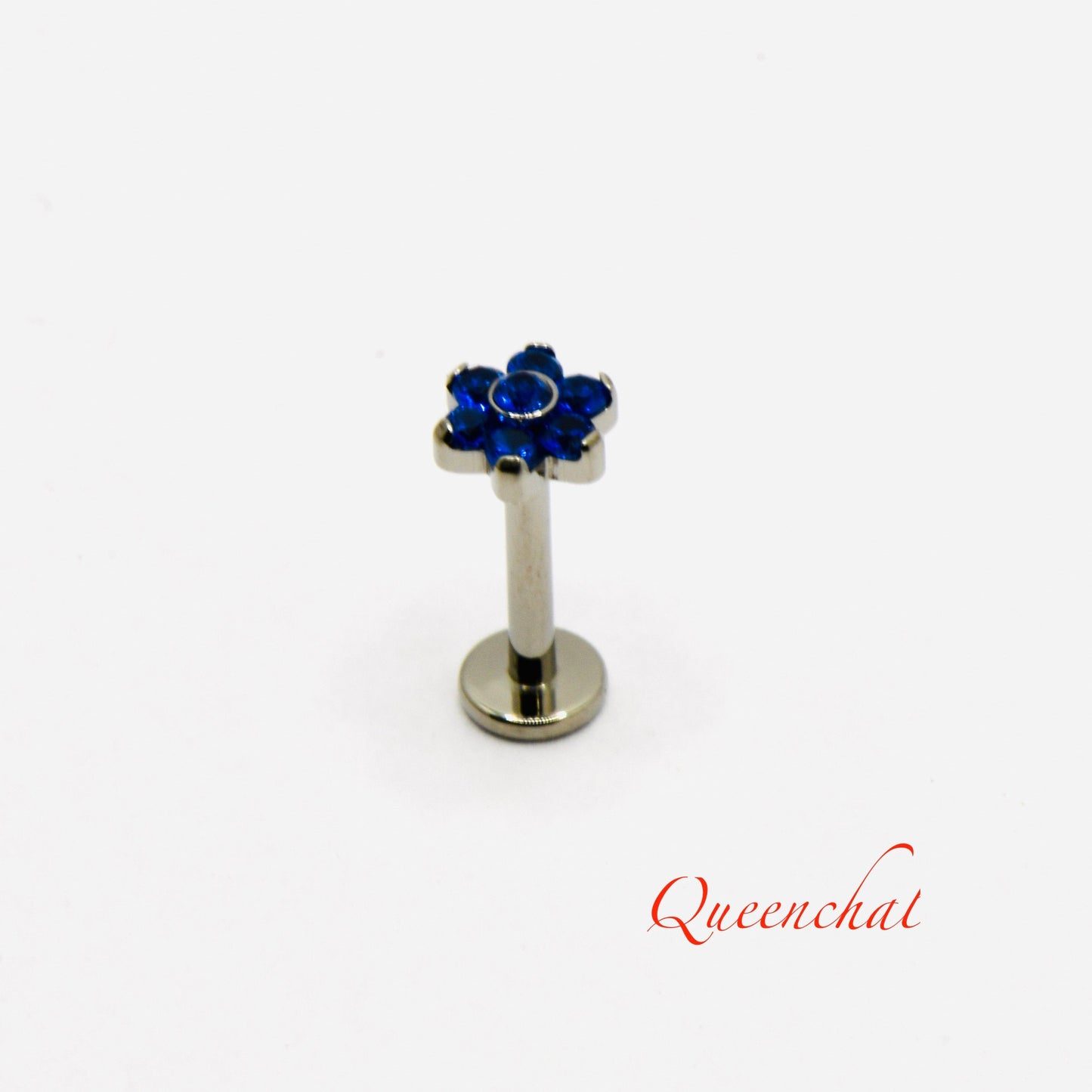 16G, F316 Titanium Blue CZ Flower Labret Internally Threaded 8mm Bar