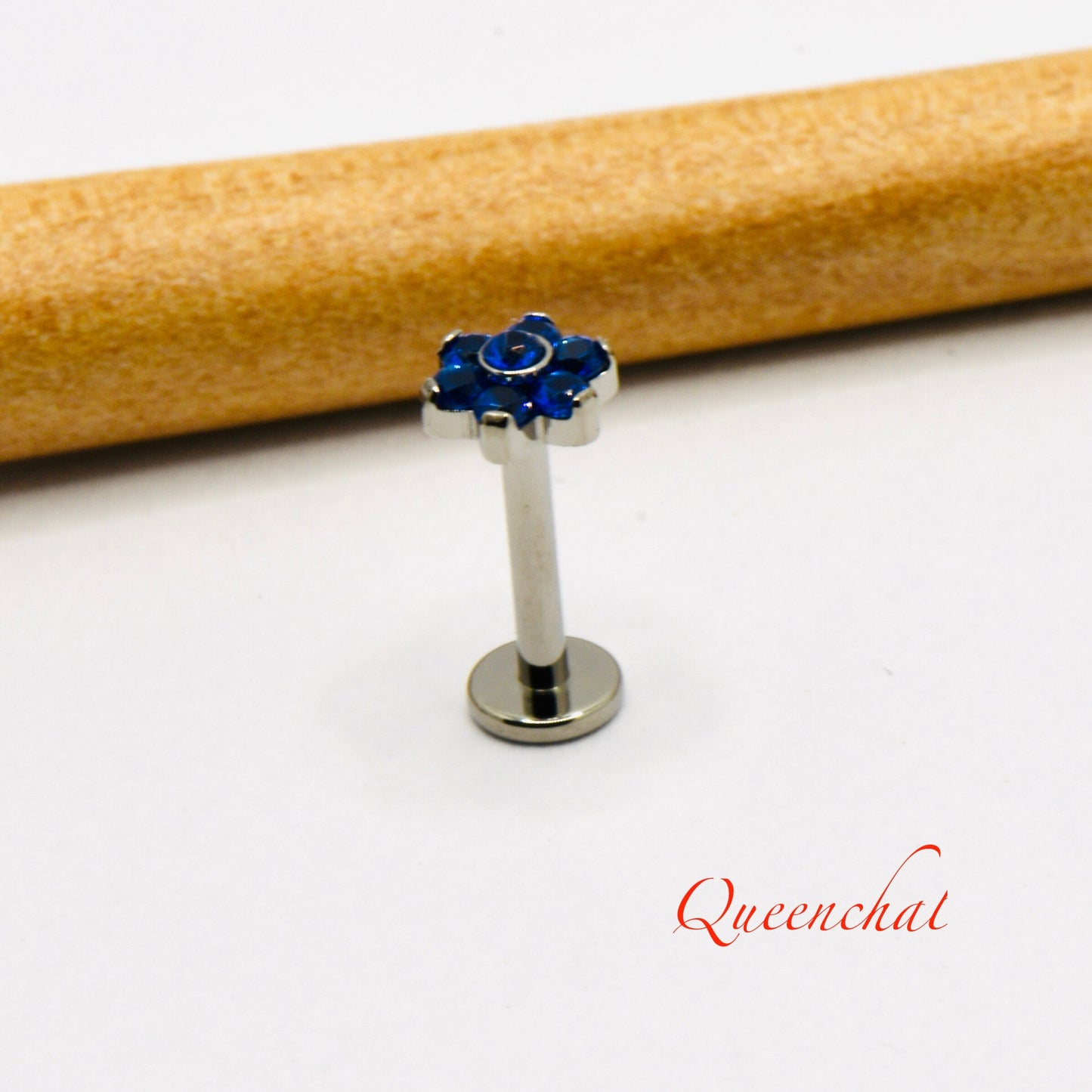 16G, F316 Titanium Blue CZ Flower Labret Internally Threaded 8mm Bar