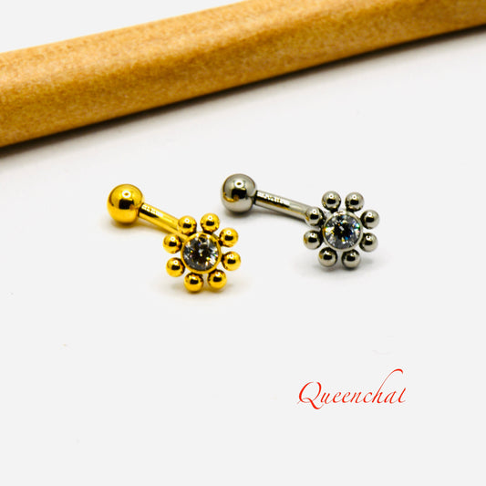 F136 Titanium 16G Crystal Flower Curve Barbell Rook Piercing, Eyebrow Piercing Stud Internally Threaded 8mm Bar