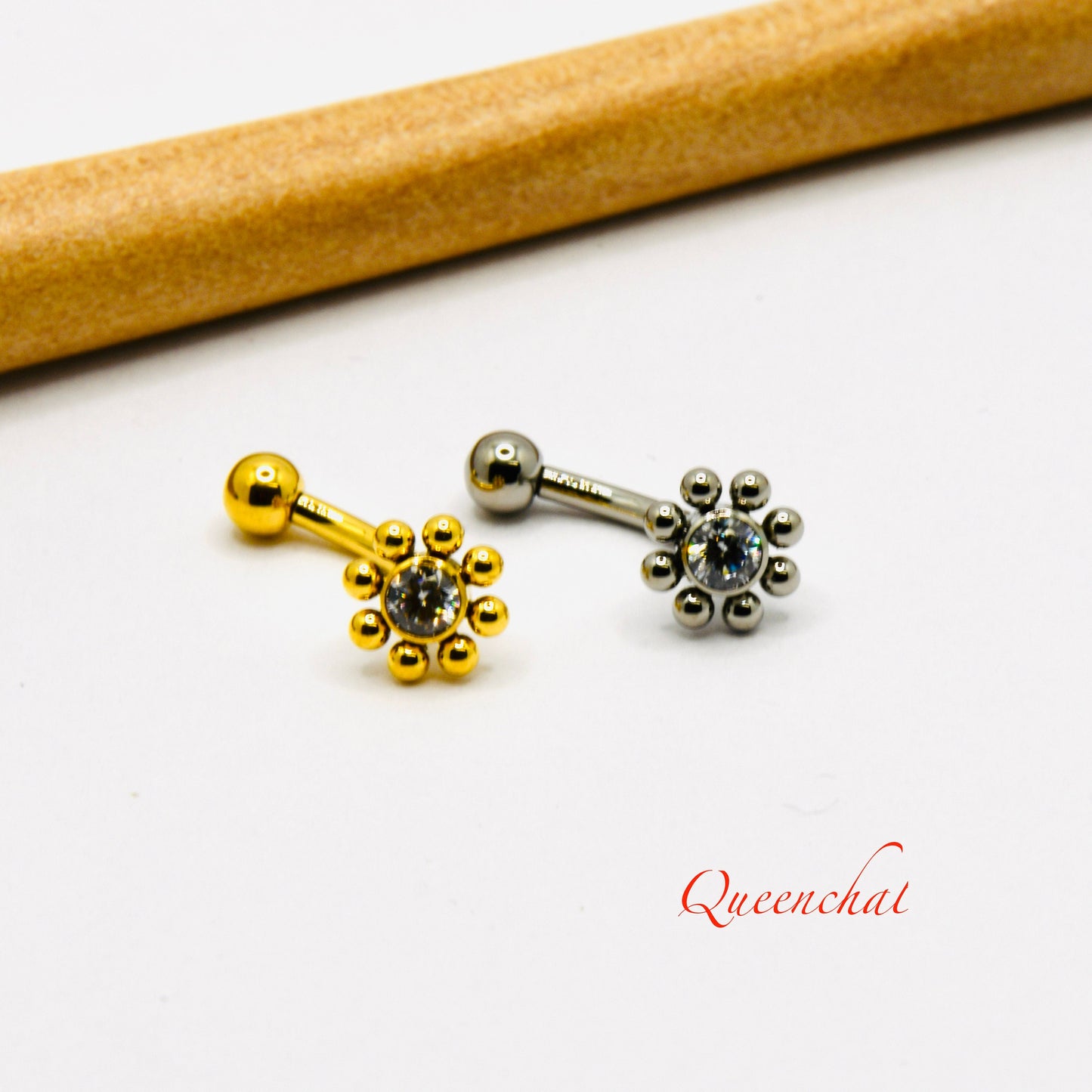 F136 Titanium 16G Crystal Flower Curve Barbell Rook Piercing, Eyebrow Piercing Stud Internally Threaded 8mm Bar