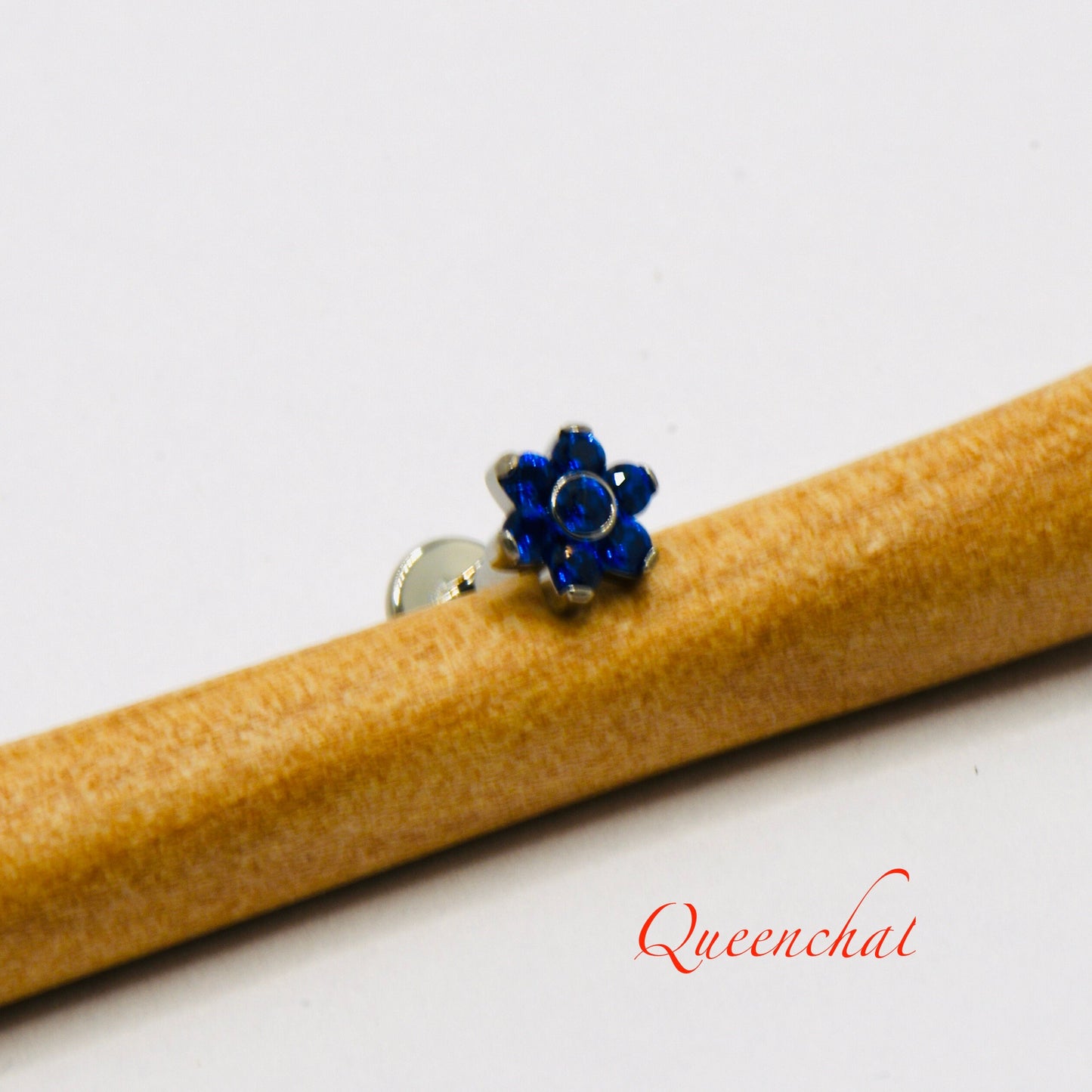 16G, F316 Titanium Blue CZ Flower Labret Internally Threaded 8mm Bar