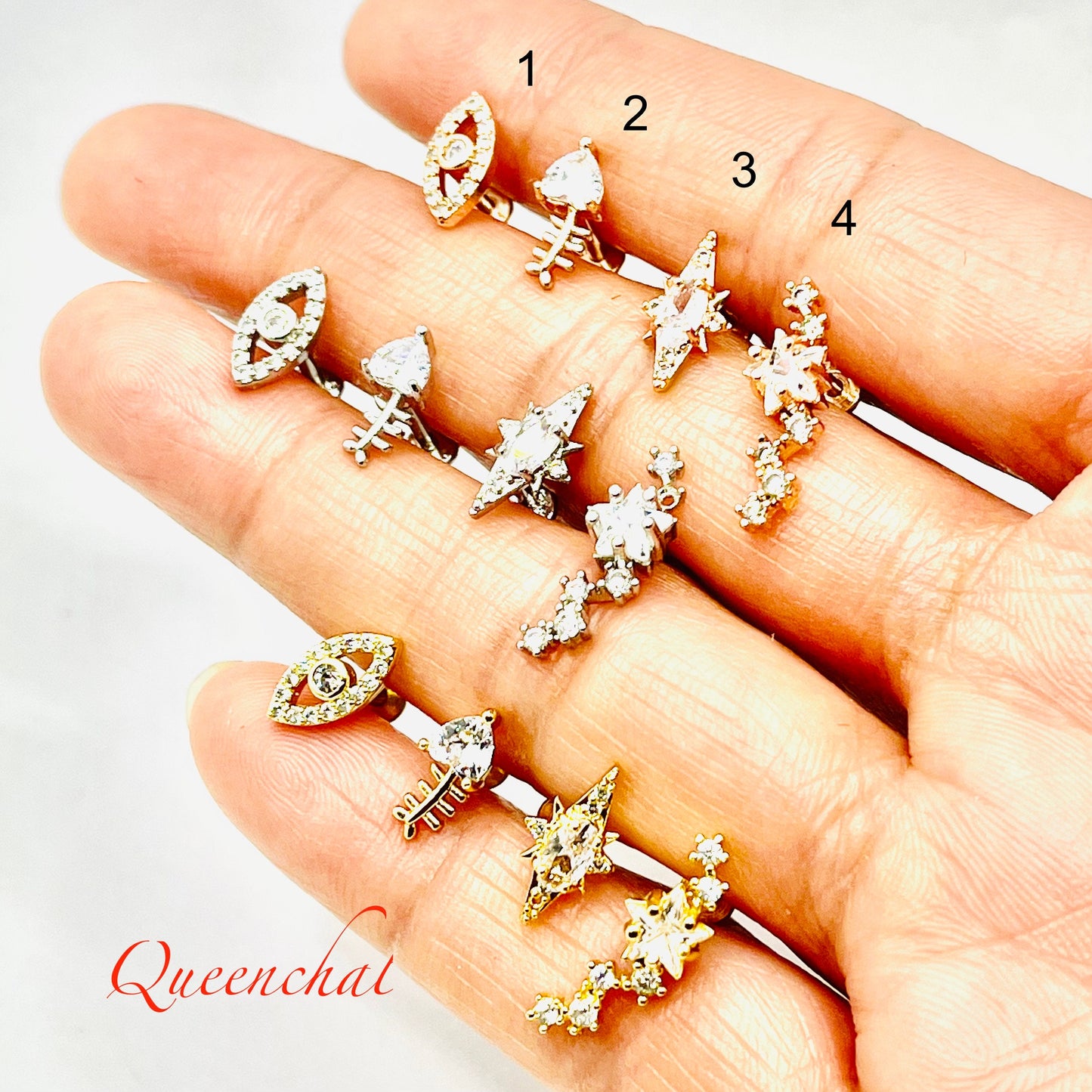 316L Surgical Steel 16G Internally Threaded Floral, Fishbone, Devil Eye Labret Stud Earring