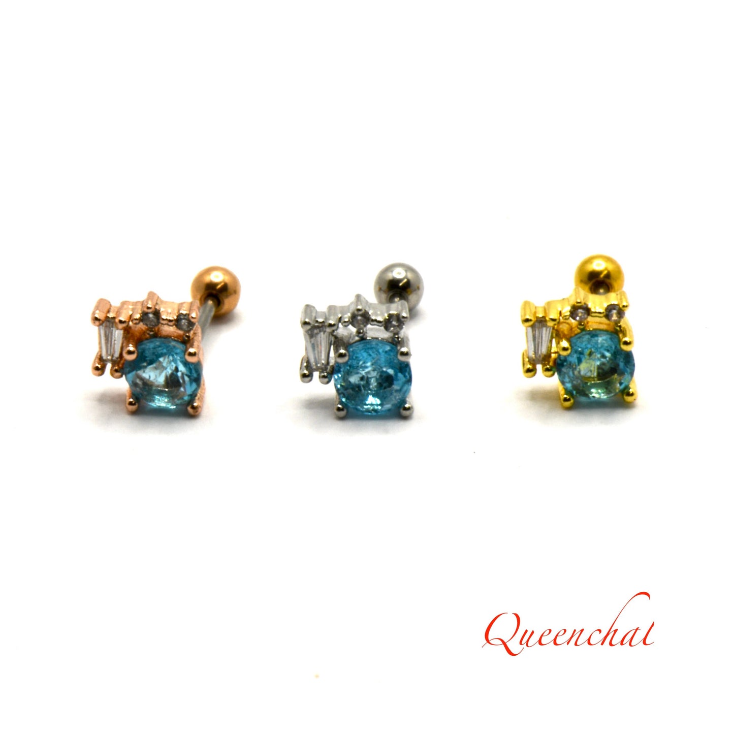 16G 316L Surgical Steel Light Blue Crystal Stud Earring, Cartilage Stud Body Piercing Jewellery Gold, Rose Gold, Silver