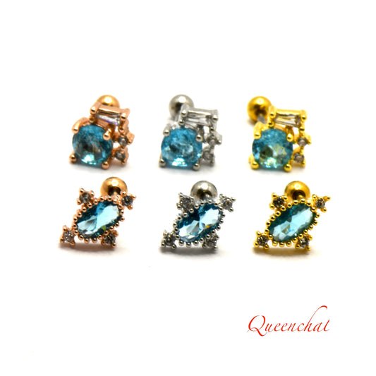 16G 316L Surgical Steel Light Blue Crystal Stud Earring, Cartilage Stud Body Piercing Jewellery Gold, Rose Gold, Silver