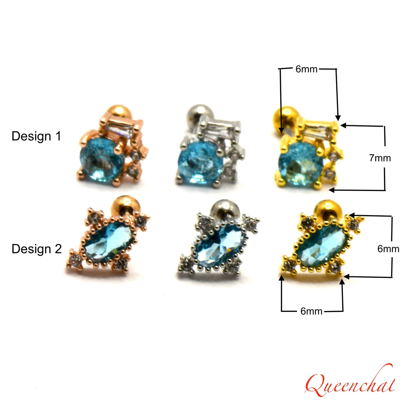 16G 316L Surgical Steel Light Blue Crystal Stud Earring, Cartilage Stud Body Piercing Jewellery Gold, Rose Gold, Silver