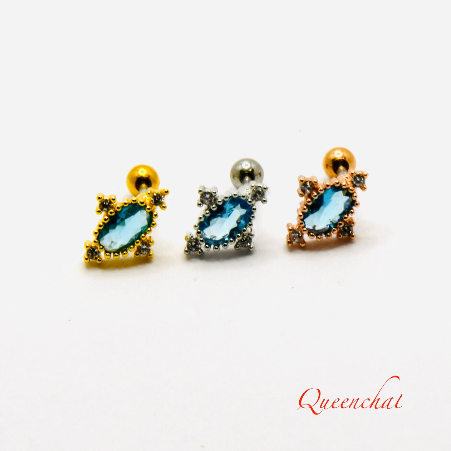 16G 316L Surgical Steel Light Blue Crystal Stud Earring, Cartilage Stud Body Piercing Jewellery Gold, Rose Gold, Silver