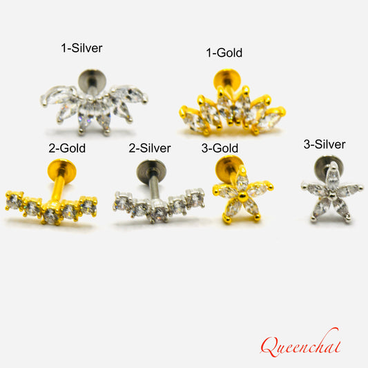 16G 316L Surgical Steel Clear CZ Floral Labret Stud Earring, Upper Helix, Cartilage Labret Body Piercing Jewellery