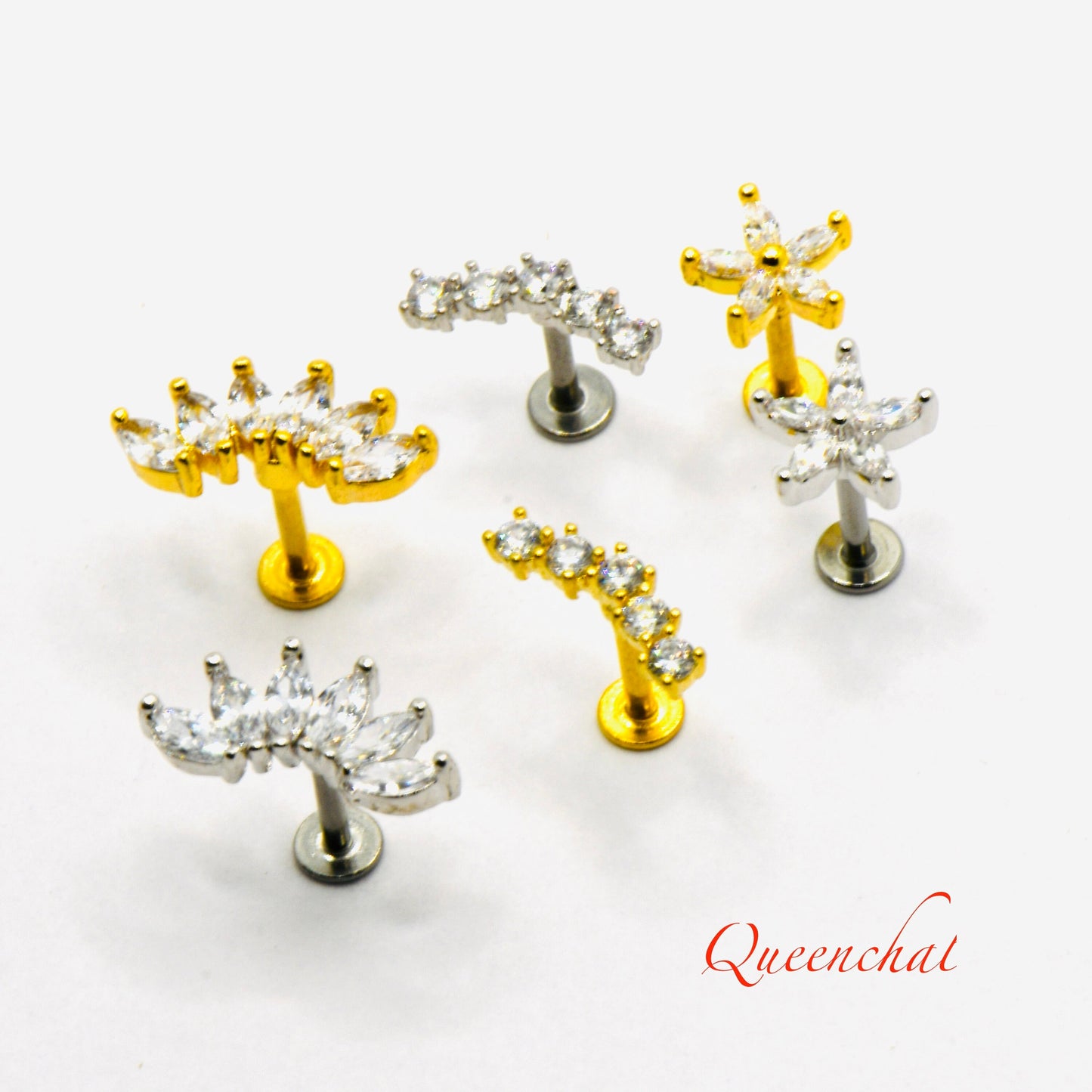 16G 316L Surgical Steel Clear CZ Floral Labret Stud Earring, Upper Helix, Cartilage Labret Body Piercing Jewellery