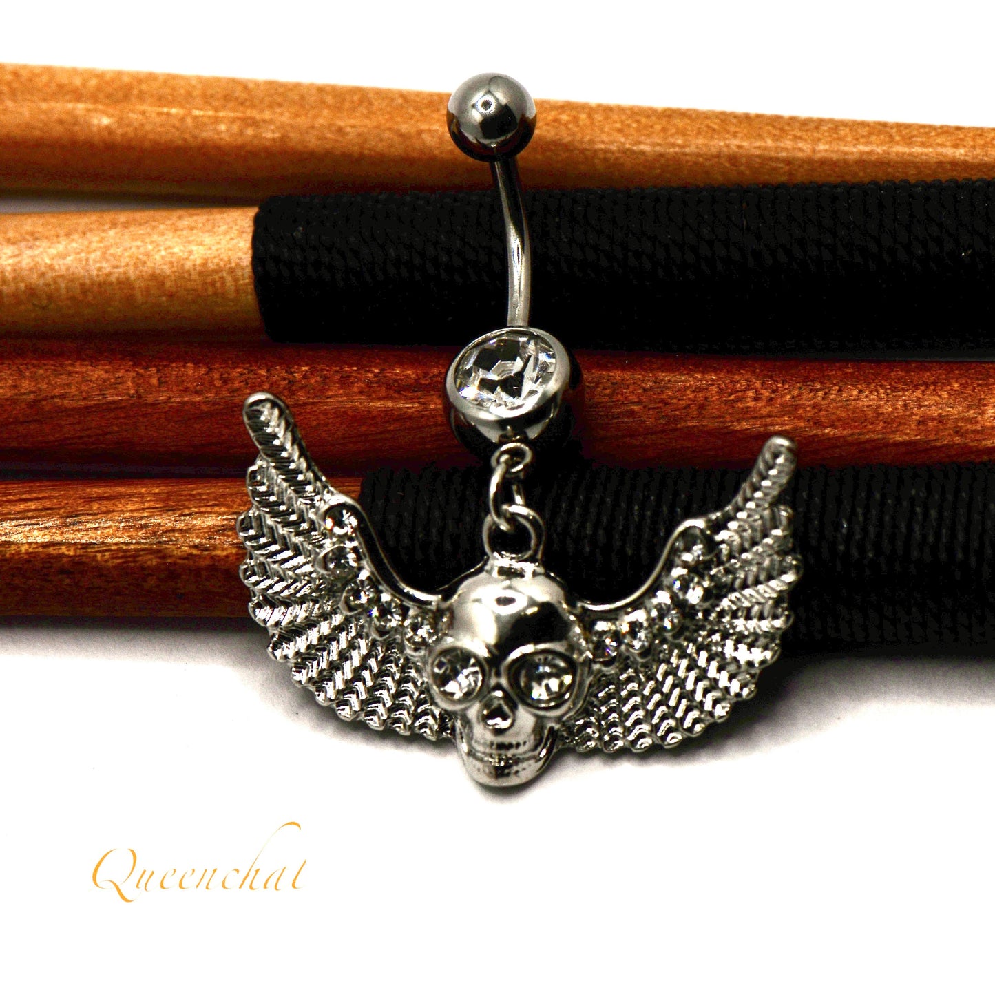14G 316L Surgical Steel Hallowe'en Skeleton Head With Angel Wings Spooky Belly Bar