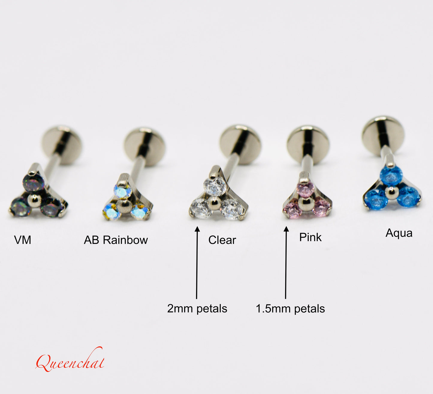 20G 18G 16G F136 Implant Grade Titanium Trinity Petals Push Pin Labret Three Petals Flower Labret Threadless Multicolour Stud Earring
